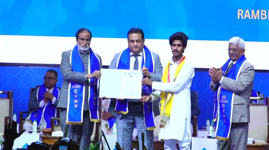 Bhavya Rambhia B.Tech. Graduate from Mechanical Engineering Department ADIT received a gold medal for his excellent academic performance during 2nd Convocation of CVMU