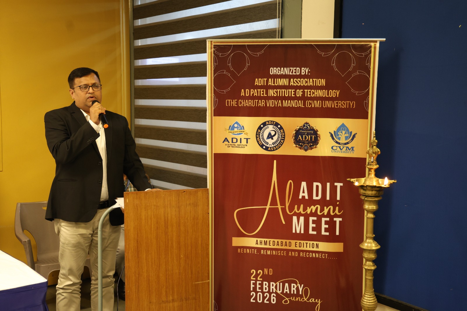 Principal, Dr. Vishal N. Singh addressing in ADIT Alumni Meet - 2026 at AMA, Ahmedabad on 22.02.2026